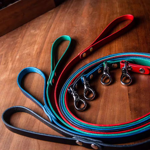 Leash Showcase: Black, Blue, Red, Green Leashes for Tailored Nappa Leather Harness Walk Set: Explore our range of leash options, available in black, blue, red, and green, designed to suit every style and preference.