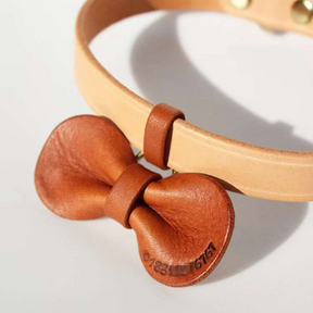 A brown Leather Removable Pet Bowtie with an embossed phone number.
