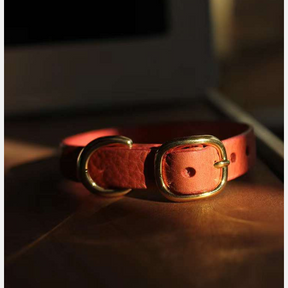 High contrast image showcasing a pink Smooth Calfskin Leather Buckle Cat Collar under strong lighting, emphasizing its vibrant hue.