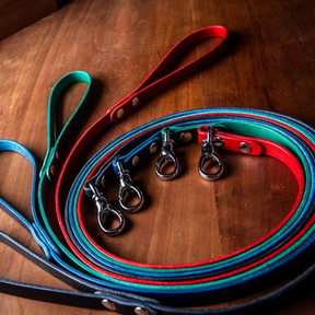 Blue, Green, Red Nappa Leather Dog Leashes displayed on Table - Premium Pet Accessories
