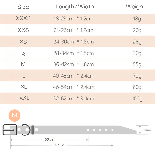 Size Chart of Smooth Calfskin Leather Dog Collar: Ensure the perfect fit for your pet with our comprehensive size chart, providing guidance on selecting the ideal collar size for ultimate comfort and style.