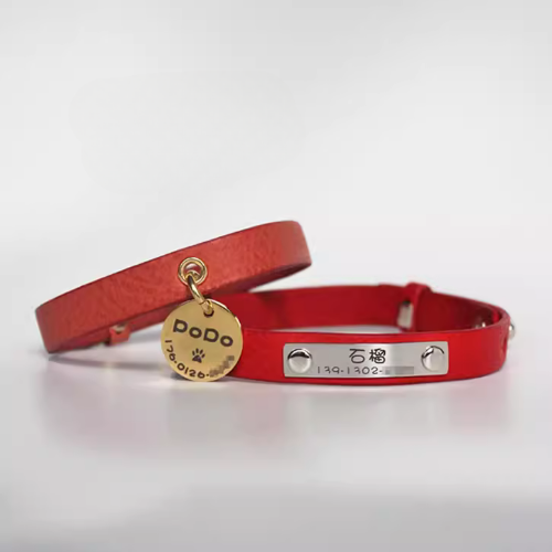 A photo showing two Bell of Gold Leather Cat Collars. The pink collar features a hanging name tag, while the red collar has the name tag attached directly to the collar. These collars are crafted from soft and light genuine leather, offering comfort and style for your beloved feline friend.