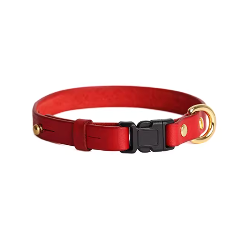 Red safety buckle Smooth Calfskin Leather Buckle Cat Collar - Stylish red leather cat collar featuring a safety buckle for added security.