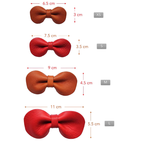 Detailed view showcasing the size options of Leather Removable Pet Bowties.