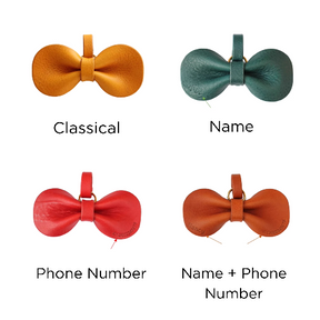 Showcasing four options of classical, name, phone number, and name plus phone number embossed prints on the bowtie.