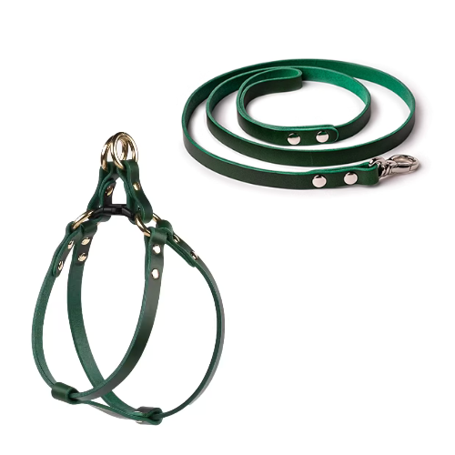 Green Tailored Nappa Leather Harness Walk Set: Infuse a touch of nature into your pet's ensemble with our refreshing green harness set, designed for both style and functionality on walks.