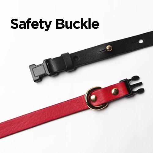 Detailed view of the safety buckle mechanism incorporated into a Smooth Calfskin Leather Buckle Cat Collar, providing peace of mind for pet owners.