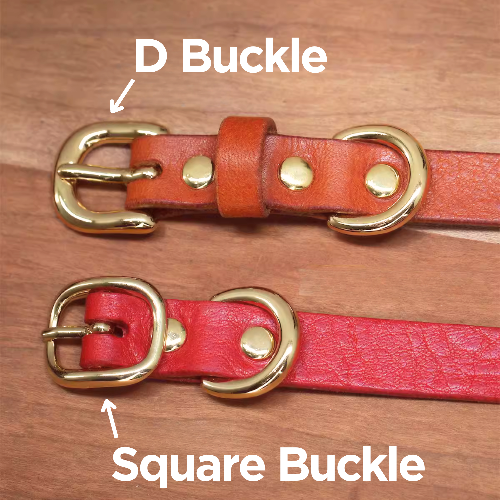 Comparison display illustrating the distinctive features of D buckle and square buckle options available for Smooth Calfskin Leather Buckle Cat Collars.